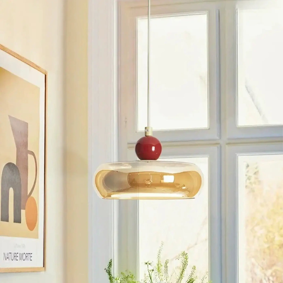 Suspension élégante en verre et bois, lumière réglable en option