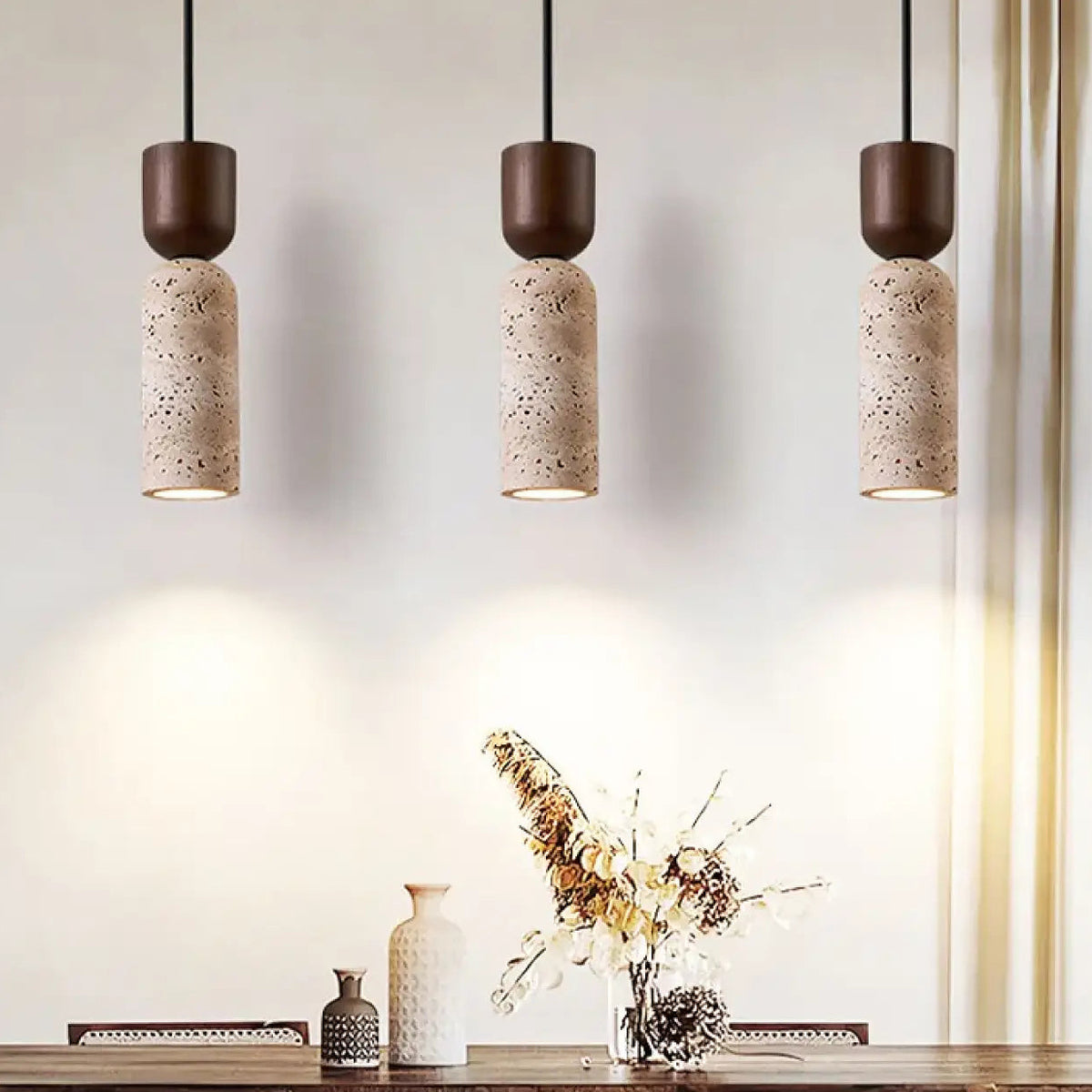 Suspension design en pierre naturelle et bois, marron ou beige