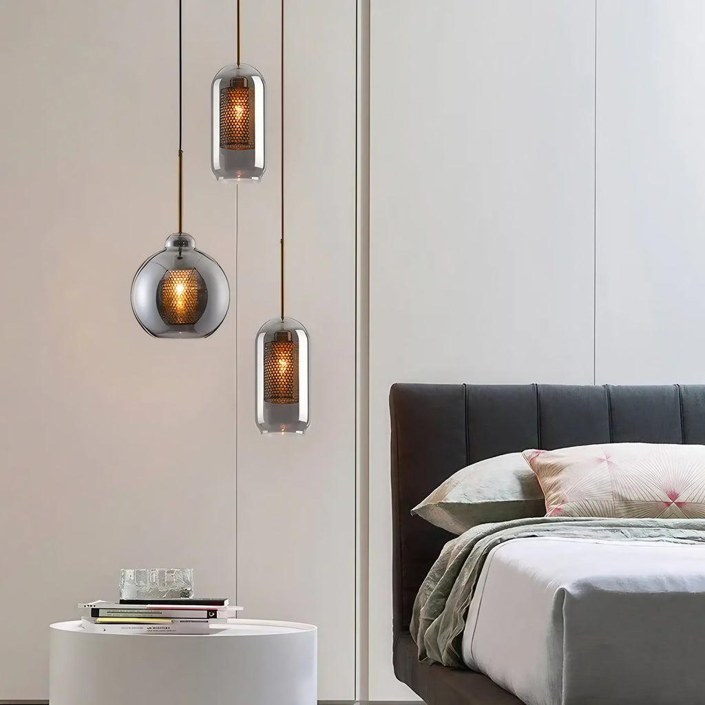 Suspension en verre fumé et structure dorée, cinq tailles