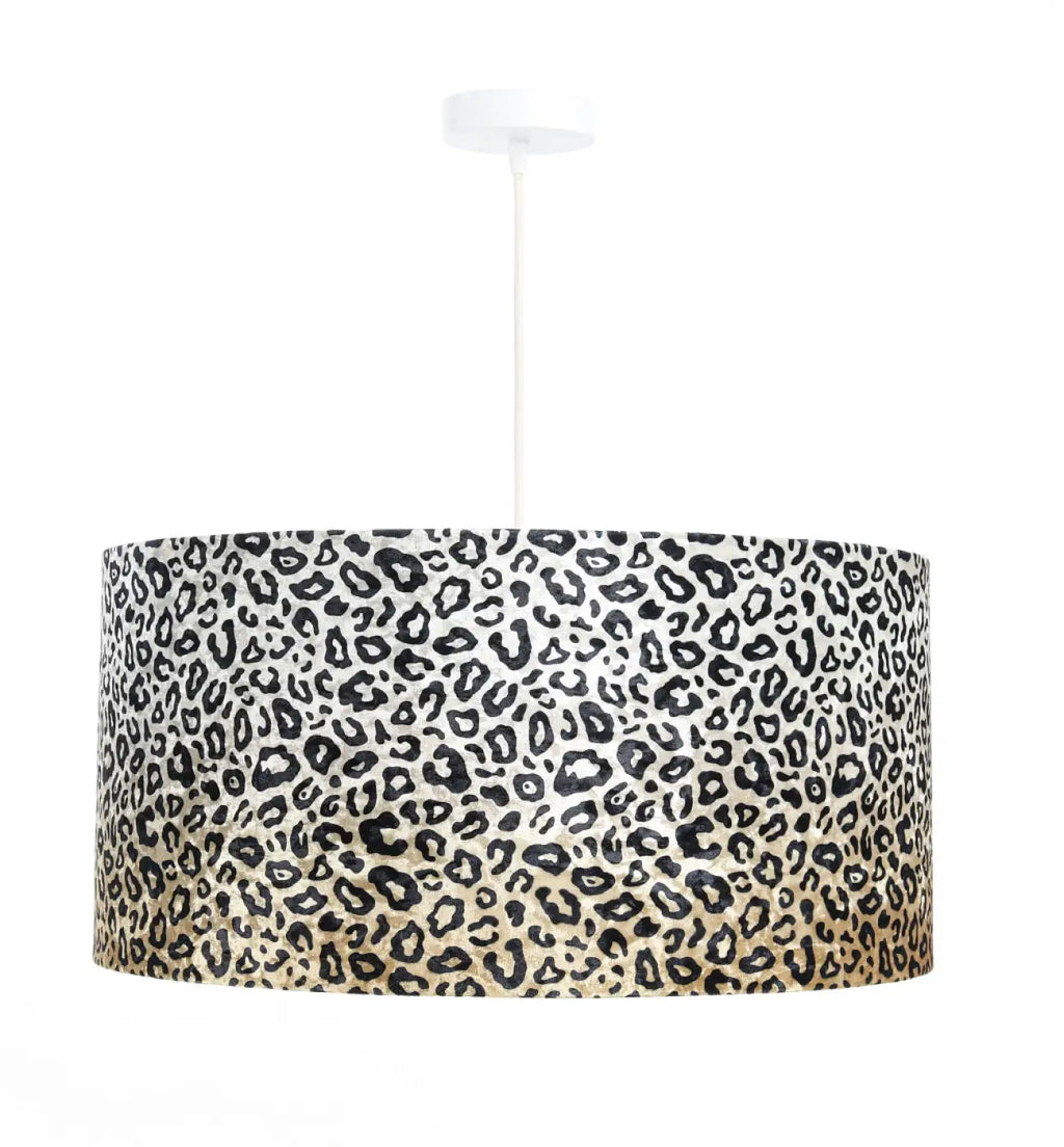 Suspension motif léopard crème et noir, abat-jour en tissu