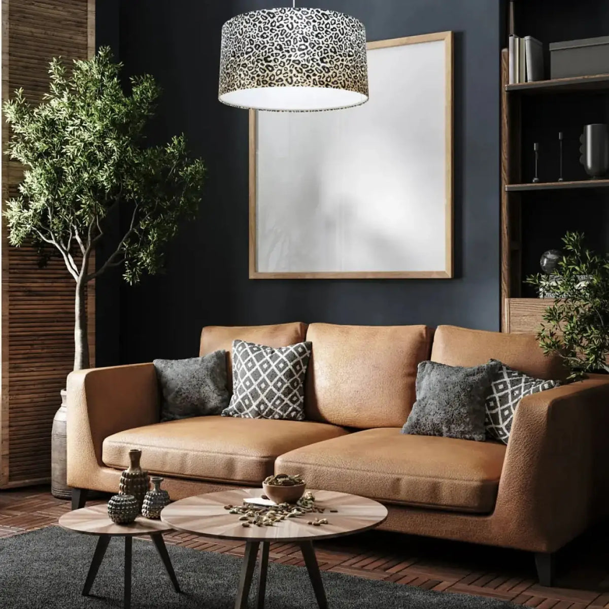Suspension motif léopard crème et noir, abat-jour en tissu