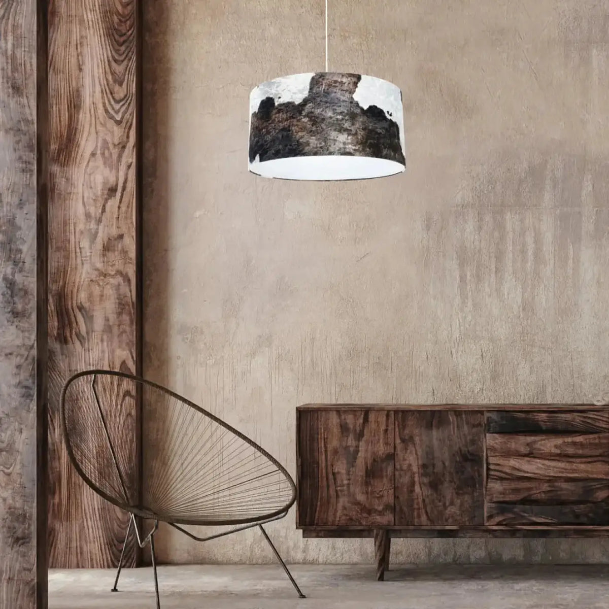 Suspension cylindre en tissu imprimé animalier marron et blanc