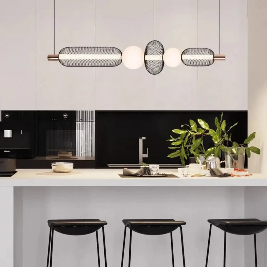 Suspension en métal maillé et sphères lumineuses, trois modèles