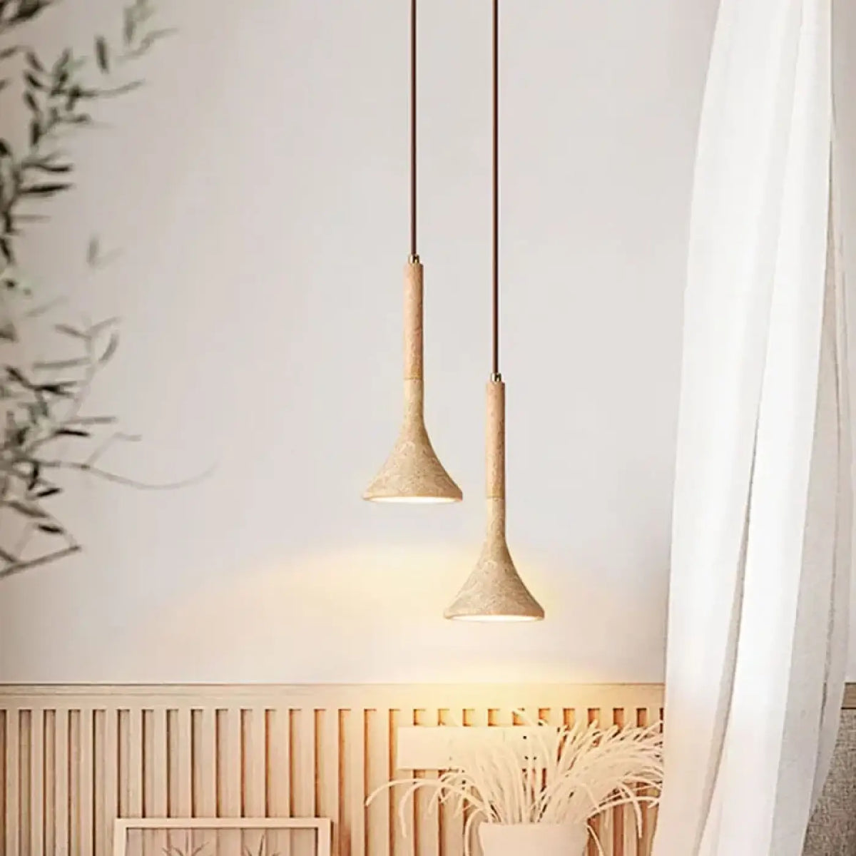 Suspension moderne en bois et pierre, coloris marron ou beige