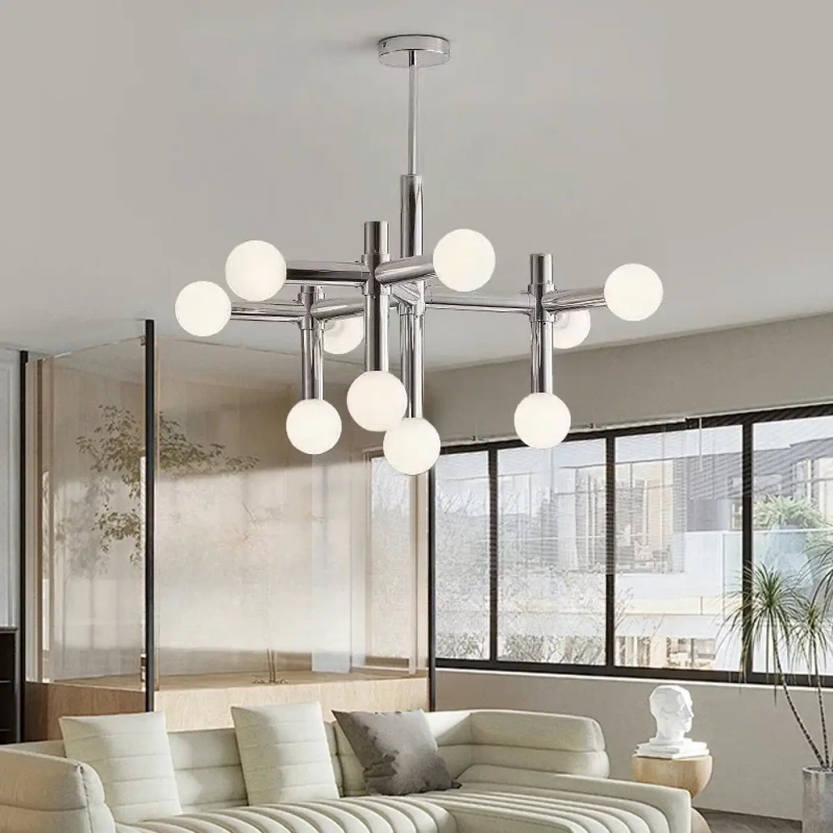 Suspension chromée à globes en verre opalin, trois teintes