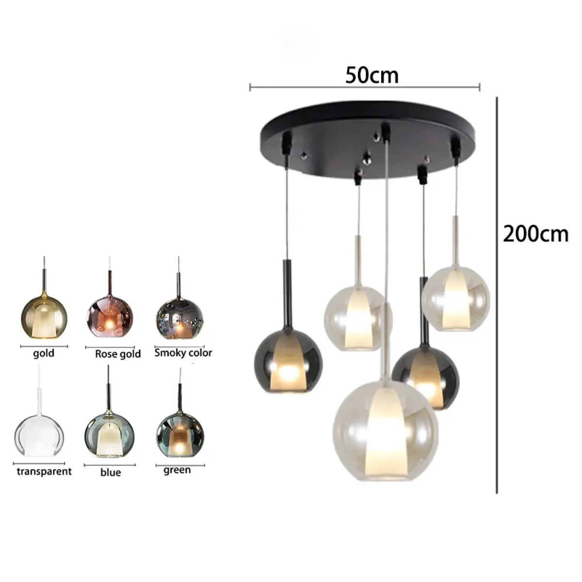 Suspension en verre et métal, 3, 5 ou 7 têtes, six teintes