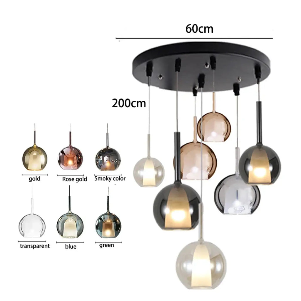 Suspension en verre et métal, 3, 5 ou 7 têtes, six teintes
