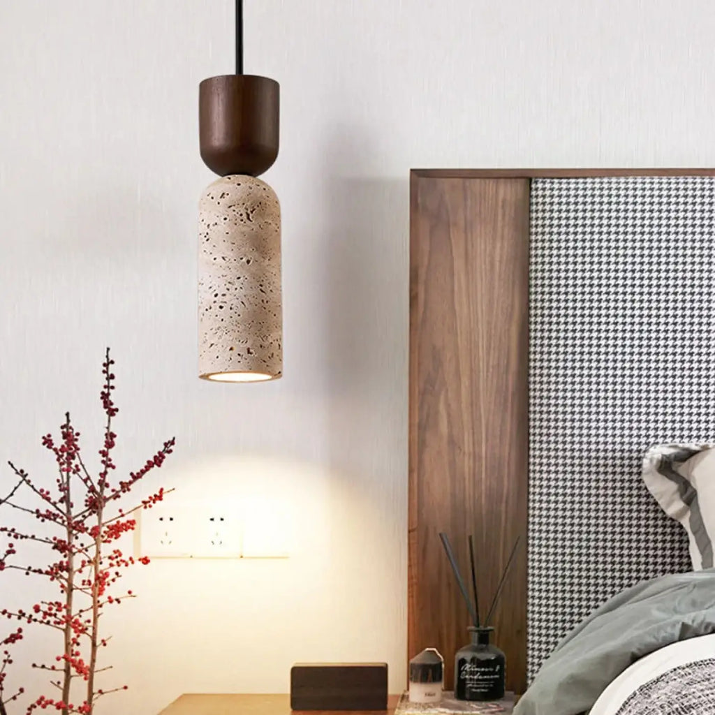 Suspension design en pierre naturelle et bois, marron ou beige, marron
