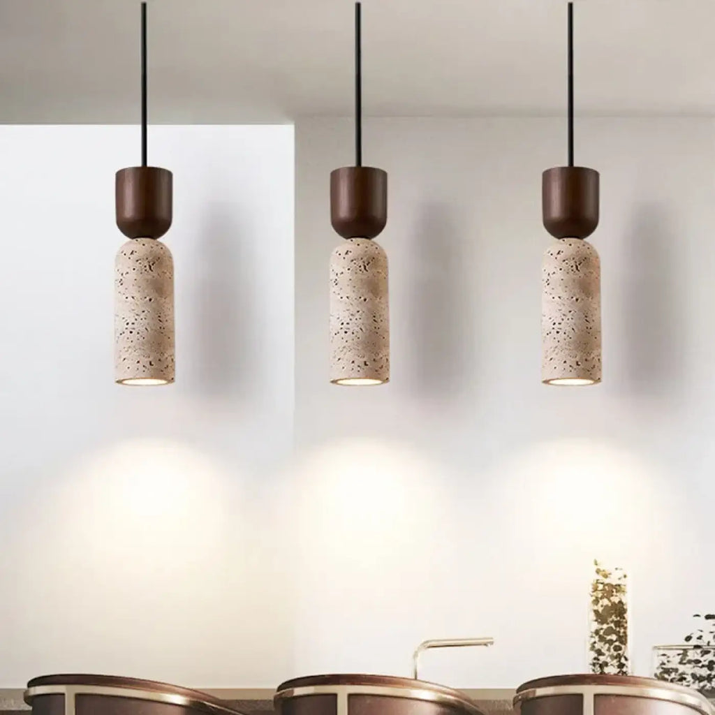 Suspension design en pierre naturelle et bois, marron ou beige