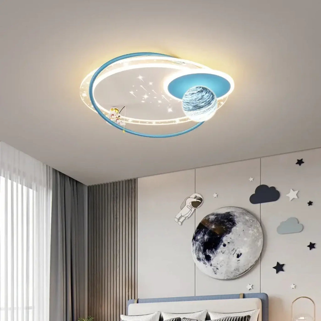Suspension LED planète et anneaux, doré, blanc ou bleu