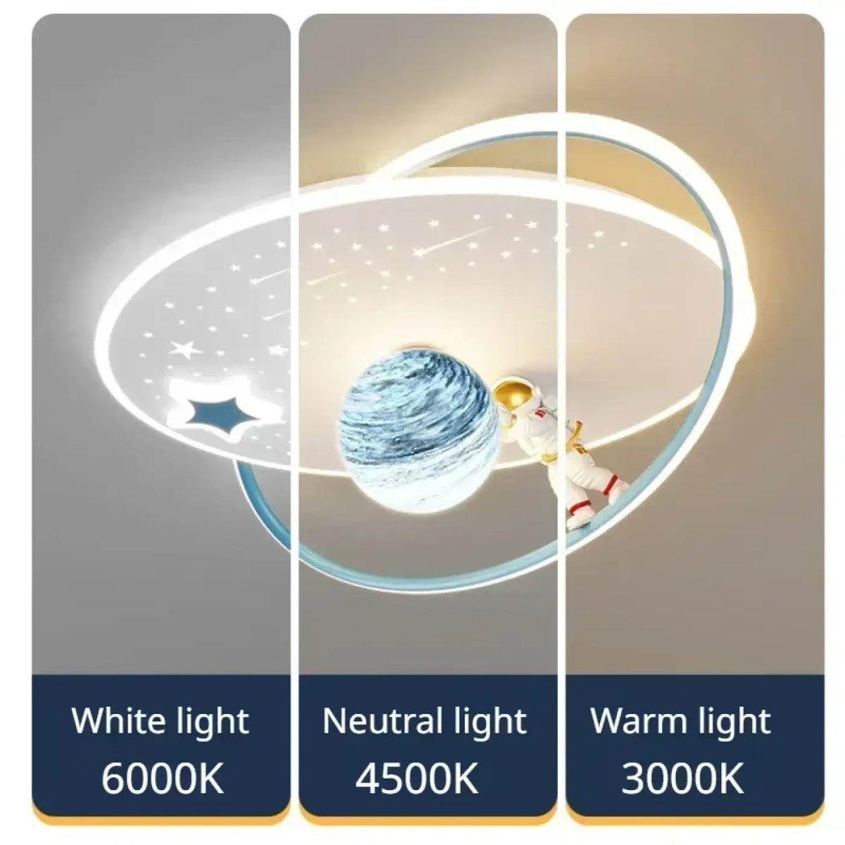 Suspension LED planète et anneaux, doré, blanc ou bleu