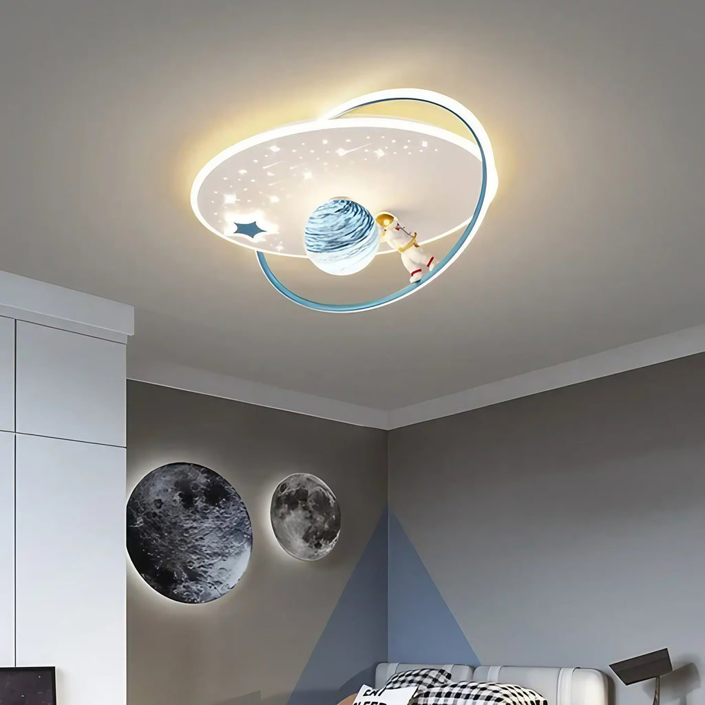 Suspension LED planète et anneaux, doré, blanc ou bleu