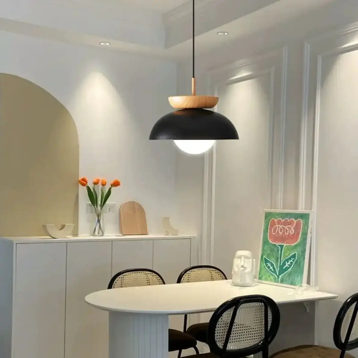 Suspension scandinave à abat-jour en métal et tissu, noir ou blanc