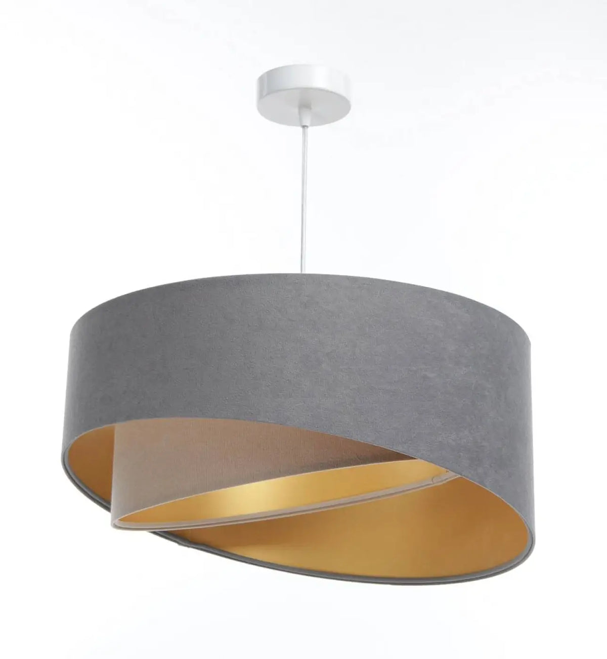 Suspension en tissu gris et beige arrondie, reflets dorés dedans