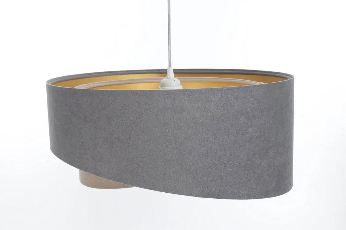 Suspension en tissu gris et beige arrondie, reflets dorés dedans