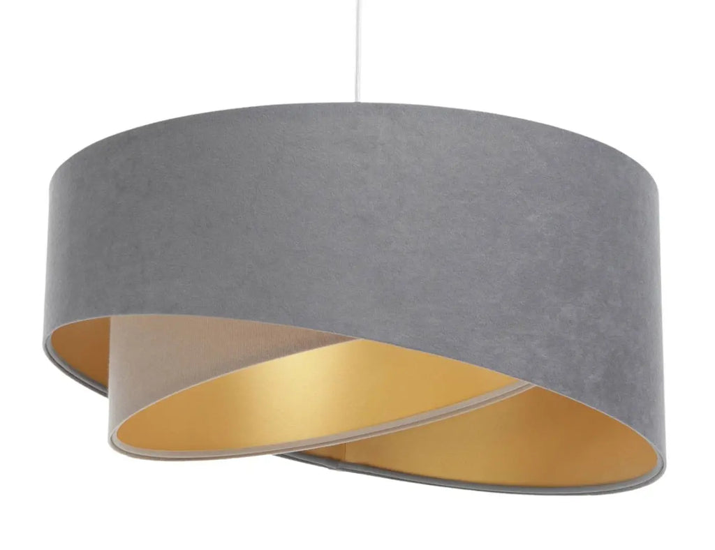 Suspension en tissu gris et beige arrondie, reflets dorés dedans
