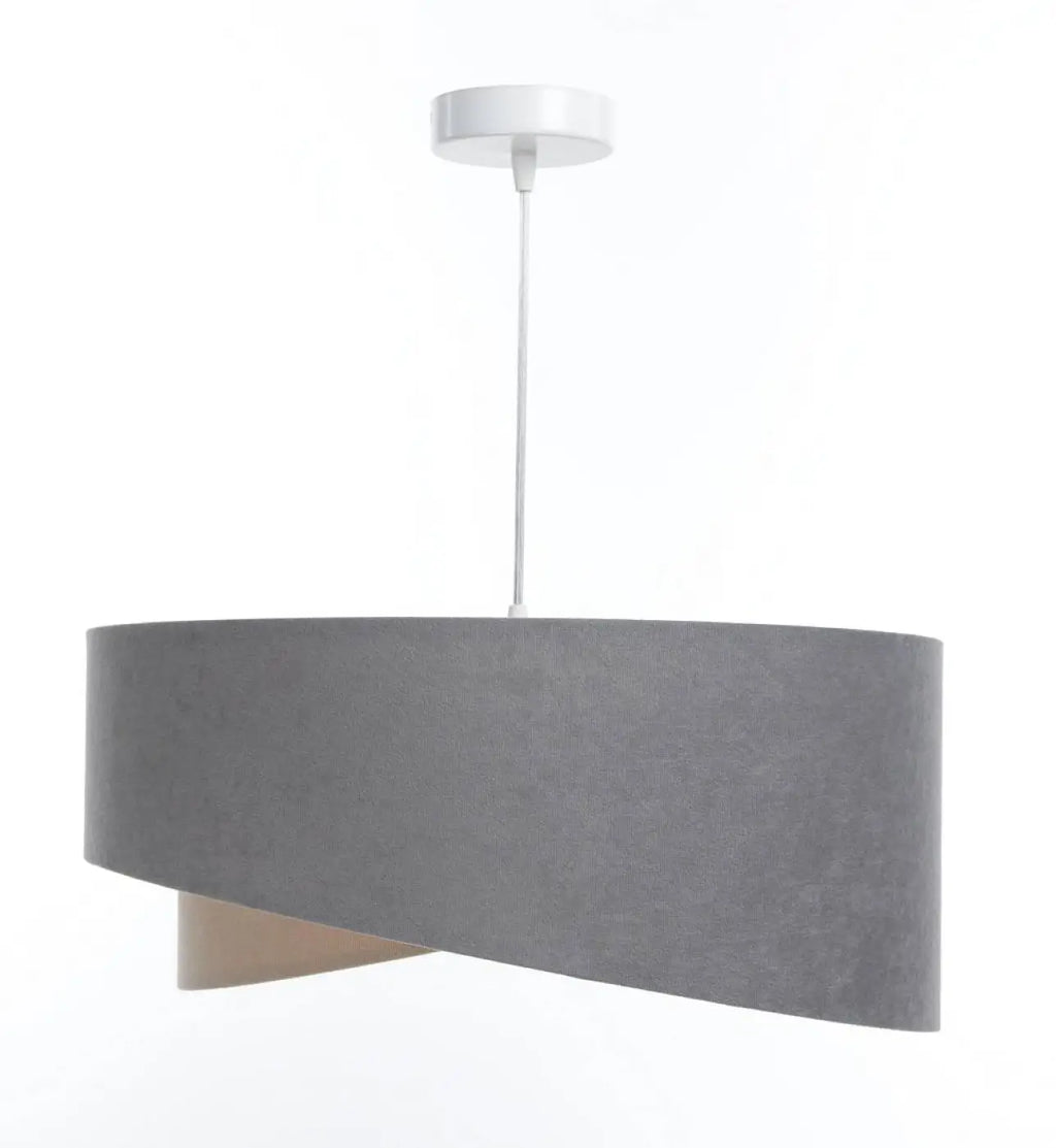 Suspension en tissu gris et beige arrondie, reflets dorés dedans