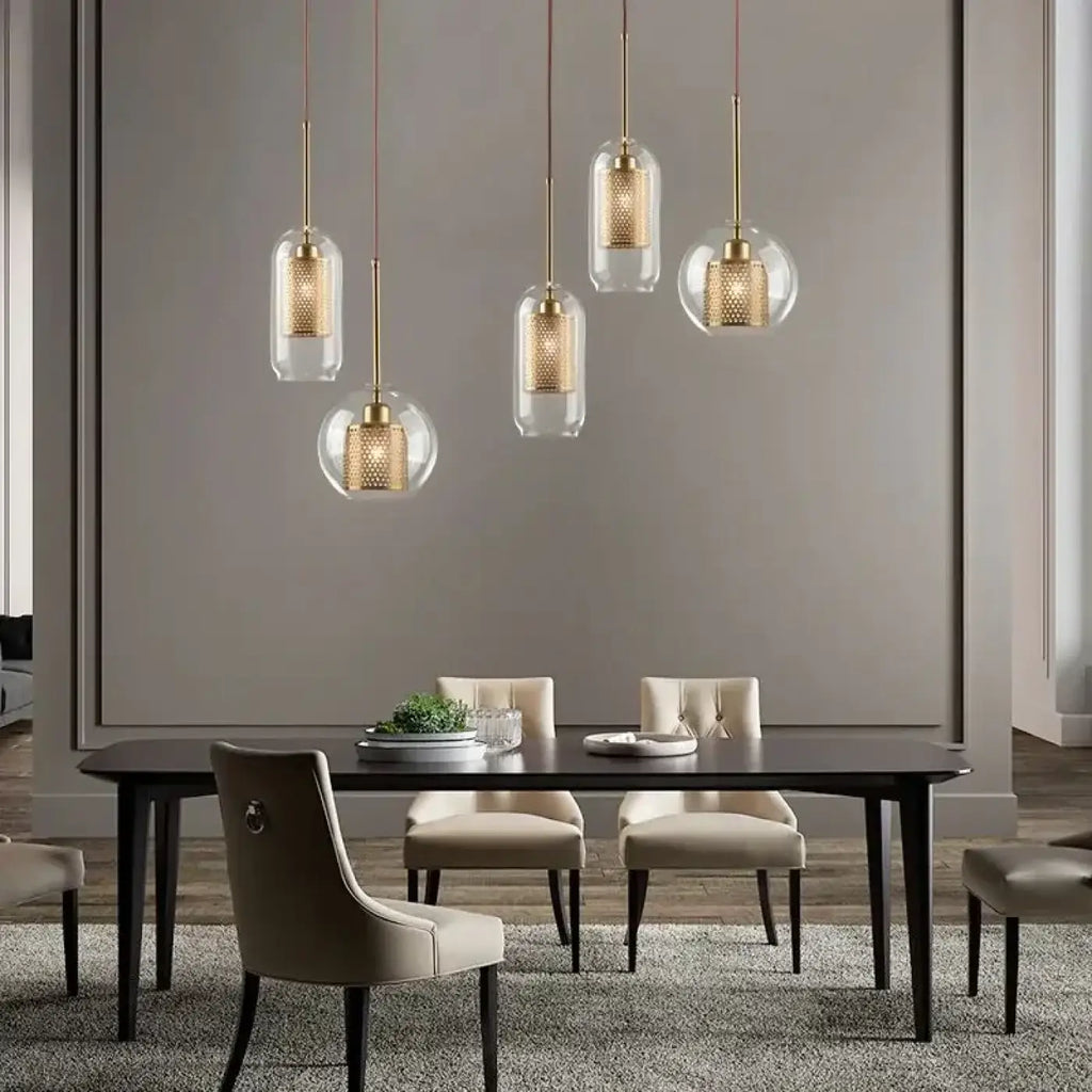 Suspension en verre fumé et structure dorée, cinq tailles