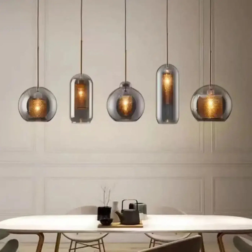 Suspension en verre fumé et structure dorée, cinq tailles