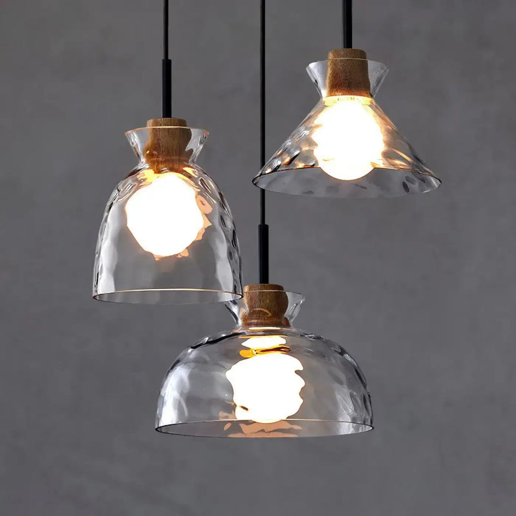 Suspension en verre soufflé et détails en bois, S, M ou L