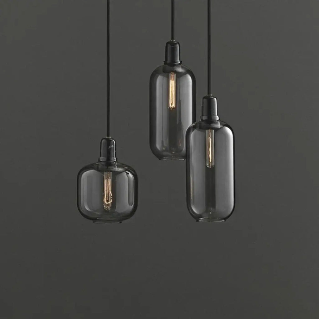 Suspension en verre teinté aux formes arrondies, orange ou gris