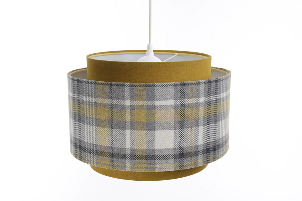 Suspension en tissu gris et jaune moutarde, motif graphique