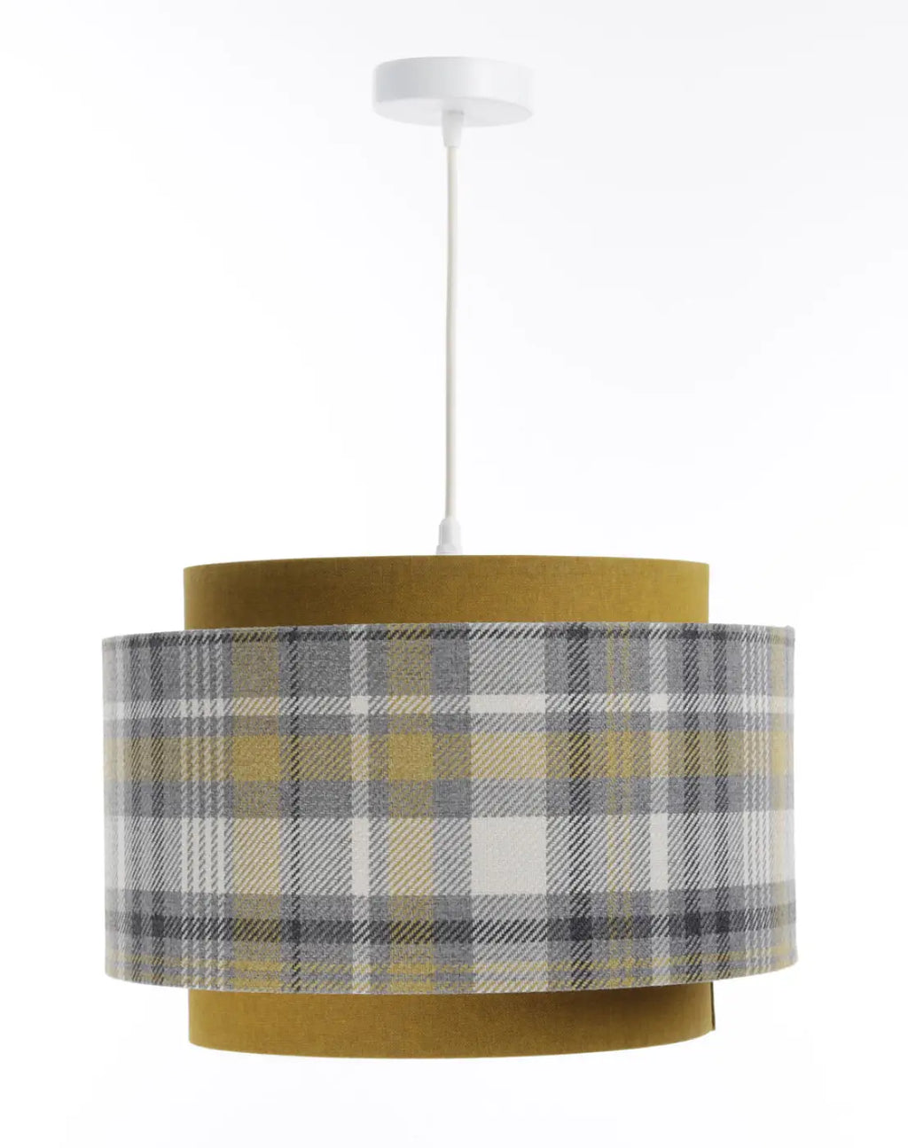 Suspension en tissu gris et jaune moutarde, motif graphique