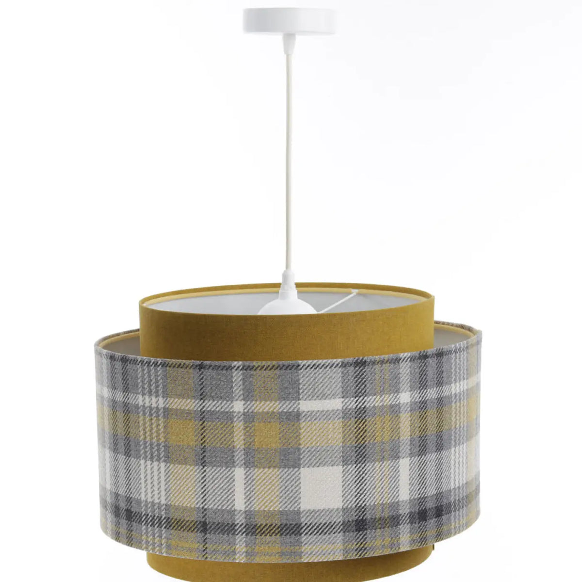 Suspension en tissu gris et jaune moutarde, motif graphique