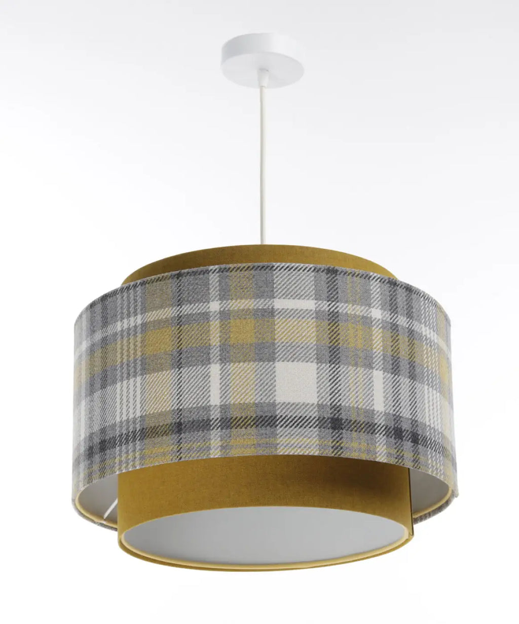 Suspension en tissu gris et jaune moutarde, motif graphique
