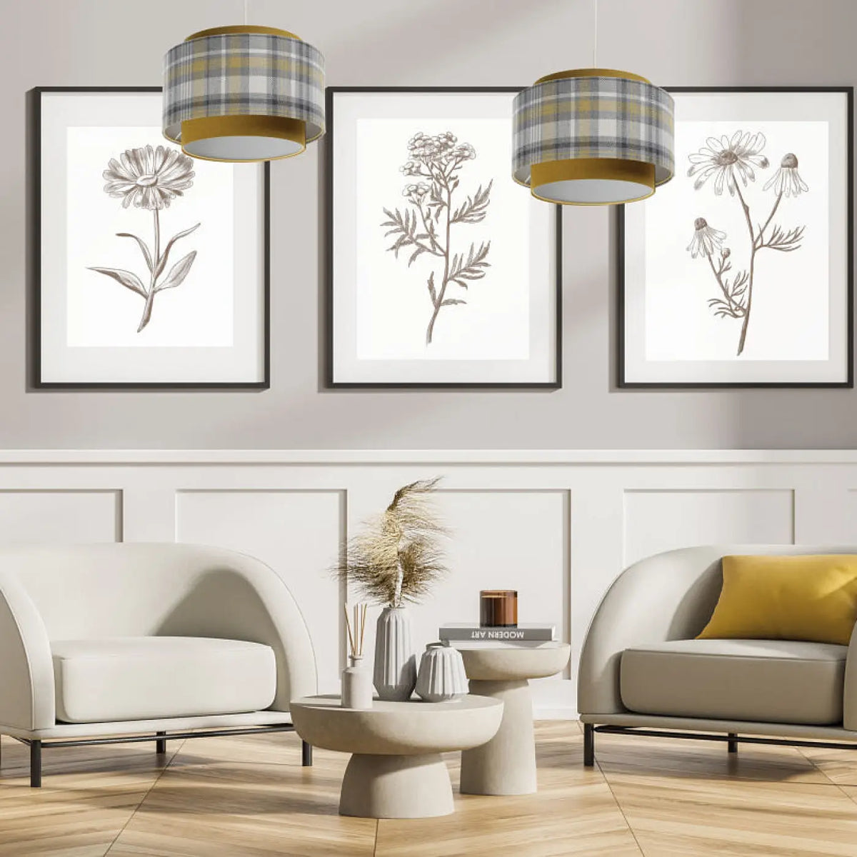 Suspension en tissu gris et jaune moutarde, motif graphique