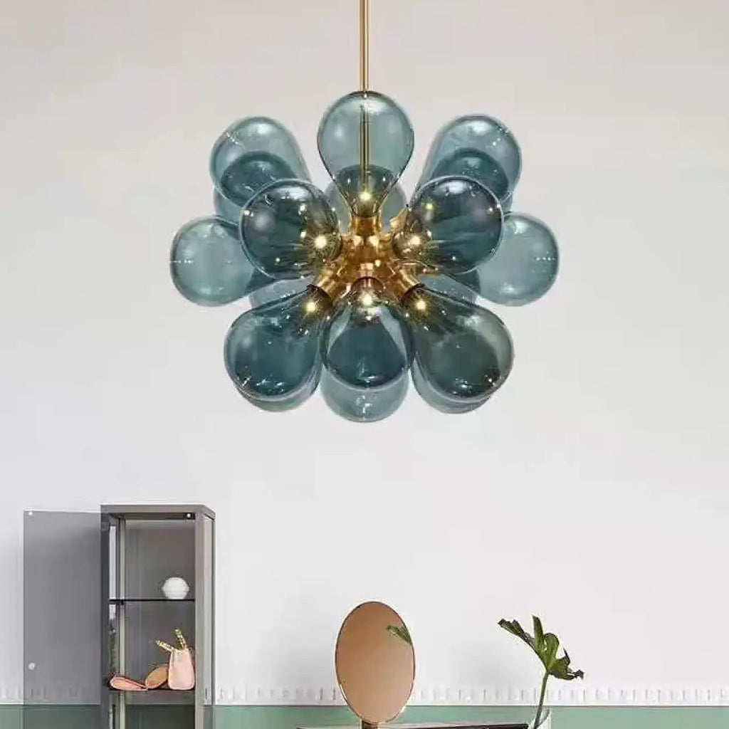 Suspension dorée à globes en verre soufflé, bleu ou blanc