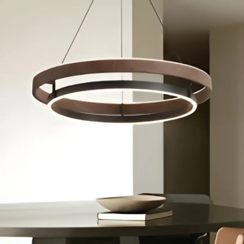 Suspension double anneau LED, effet bois et structure sombre