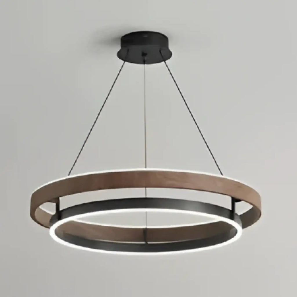 Suspension double anneau LED, effet bois et structure sombre