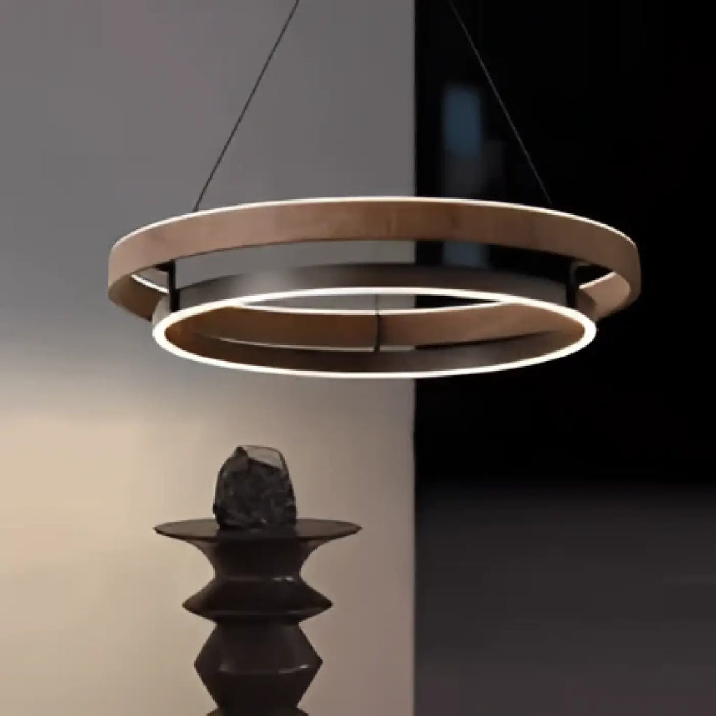 Suspension double anneau LED, effet bois et structure sombre