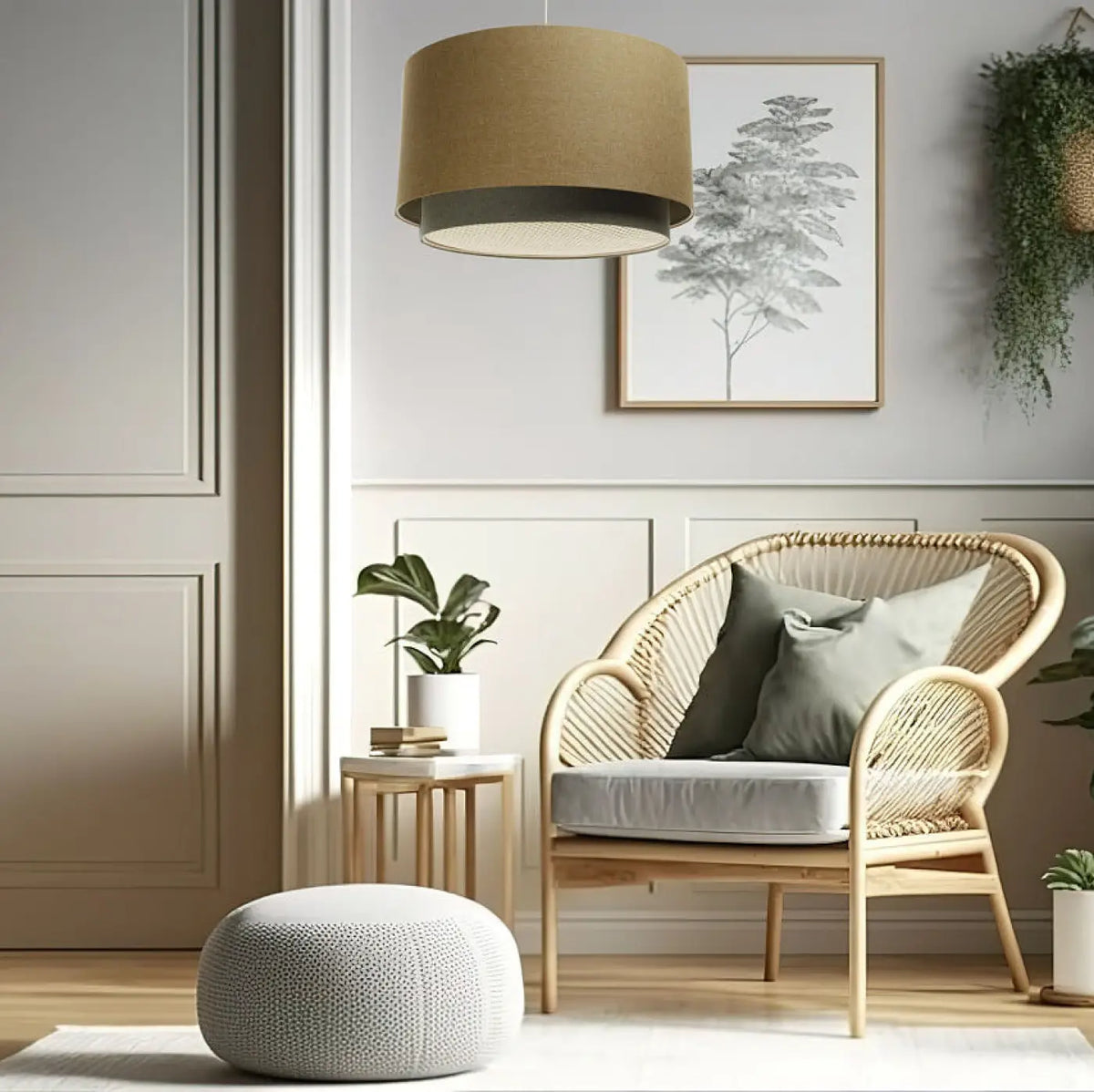 Suspension en tissu écru avec diffuseur en rotin, tailles S, M, L