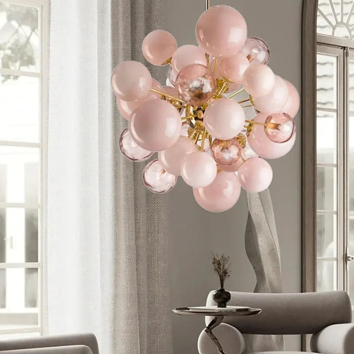 Suspension ballon de verre, abat-jour bois de rose, rose ou vert