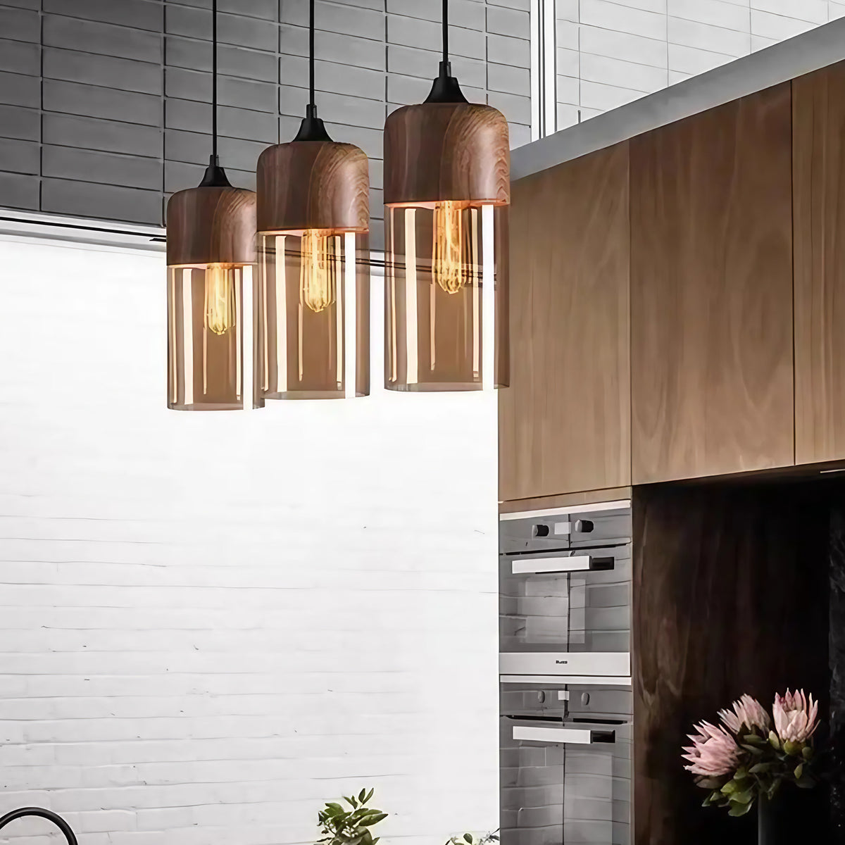 Suspension en bois foncé, verre et aluminium noir