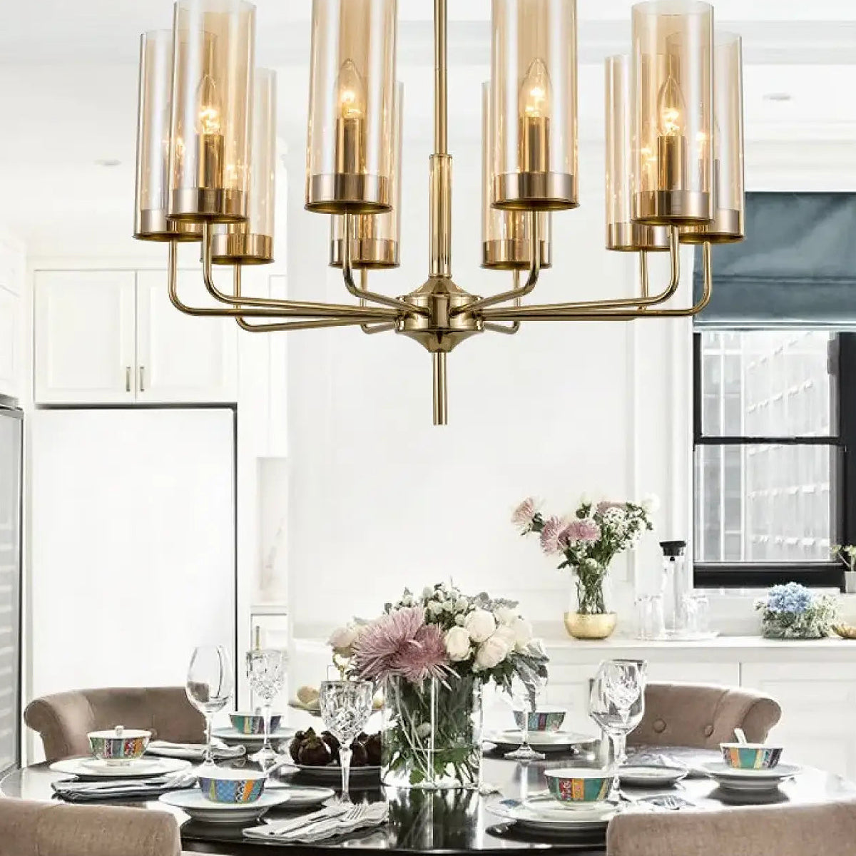 Suspension cylindres de verre et laiton doré, bleu ou ambre