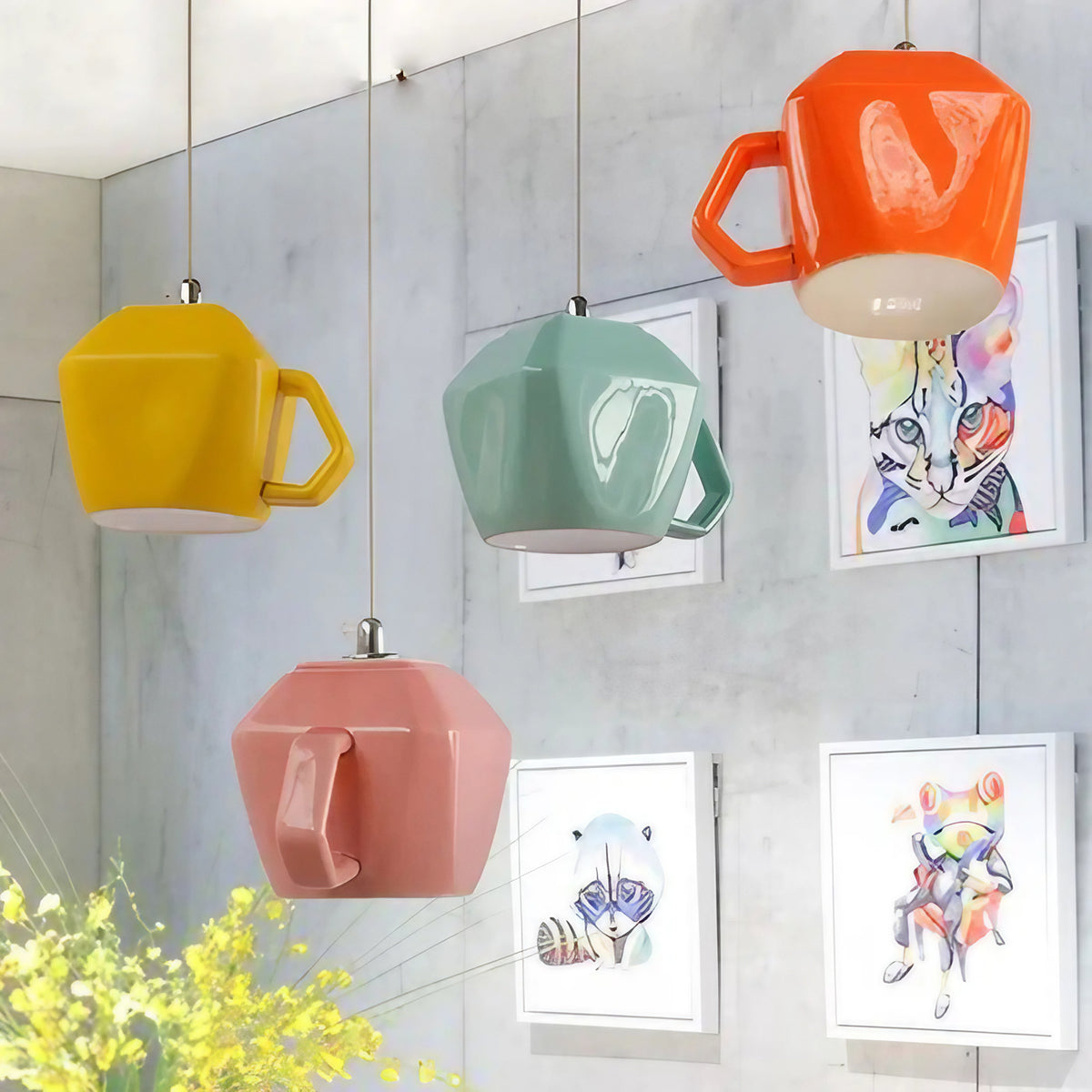 Suspension tasse rétro, cinq coloris du blanc au rose