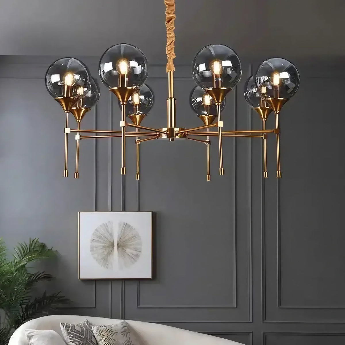 Suspension en métal doré et sphères de verre fumé, trois modèles
