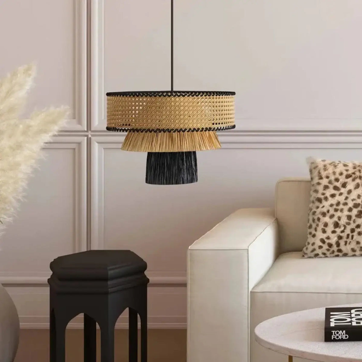 Suspension rotin tressé style nordique, noir ou rouge, 4 tailles, noir