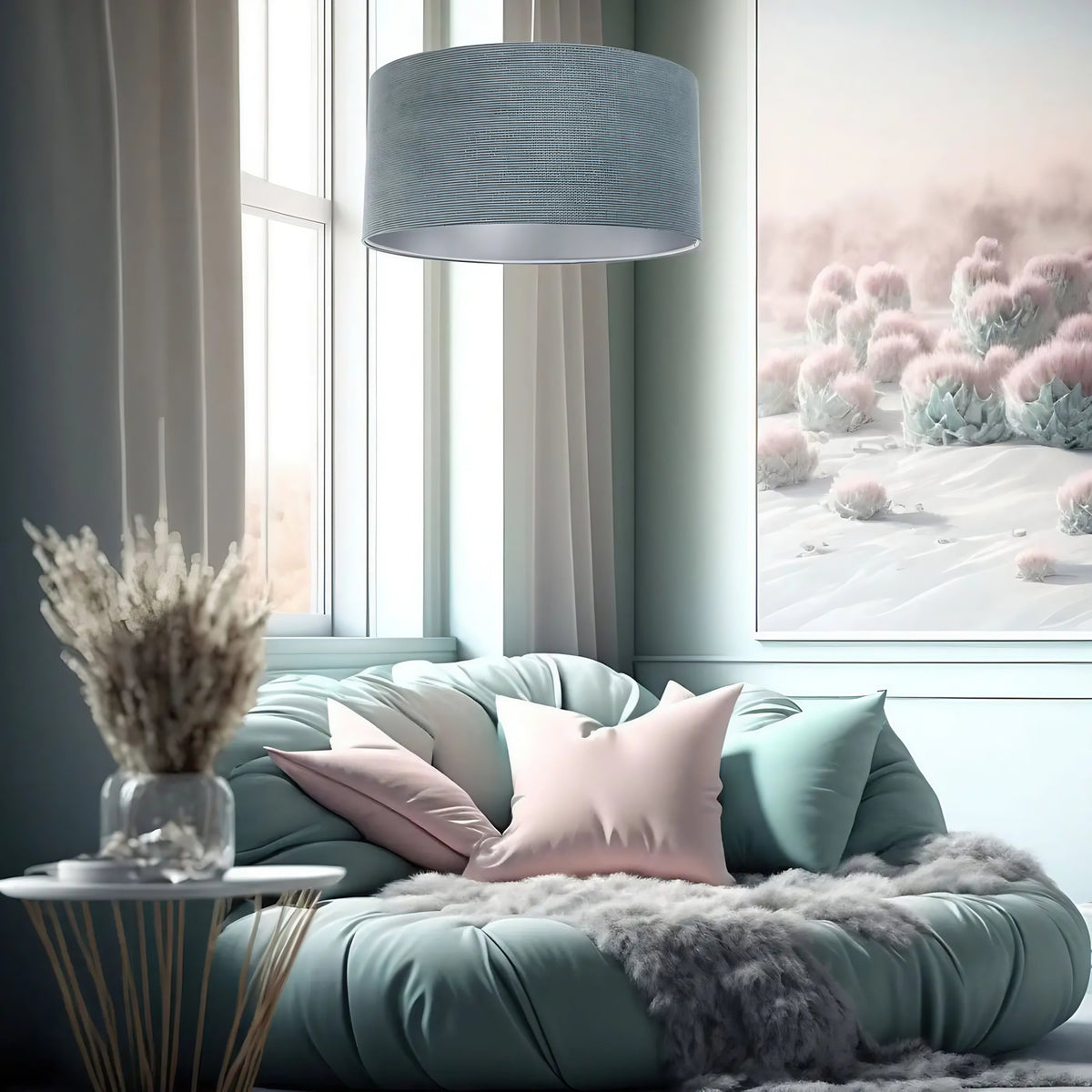 Suspension en tissu bleu gris et argent, abat-jour généreux