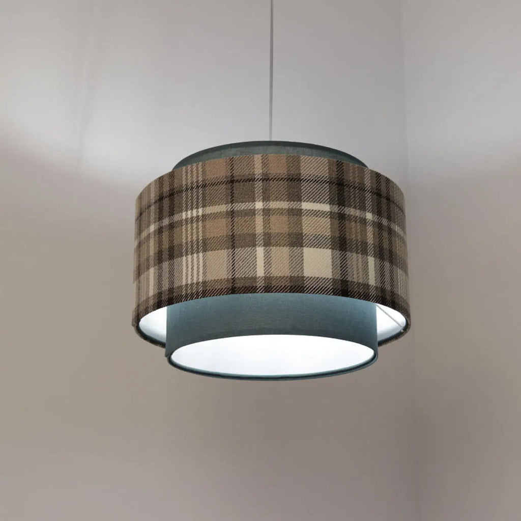Suspension double cylindre en tissu turquoise et gris à motif