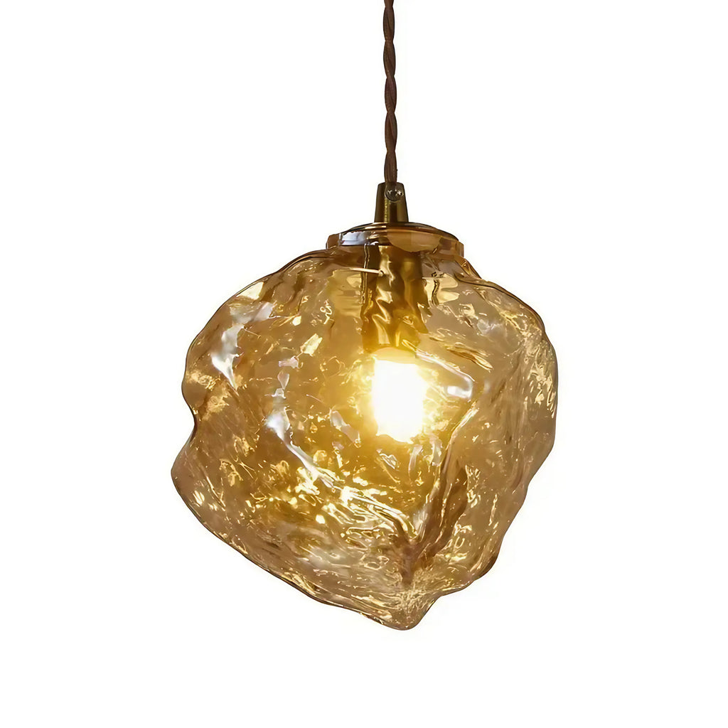 Suspension en verre texturé ambré ou gris fumé, détail bois