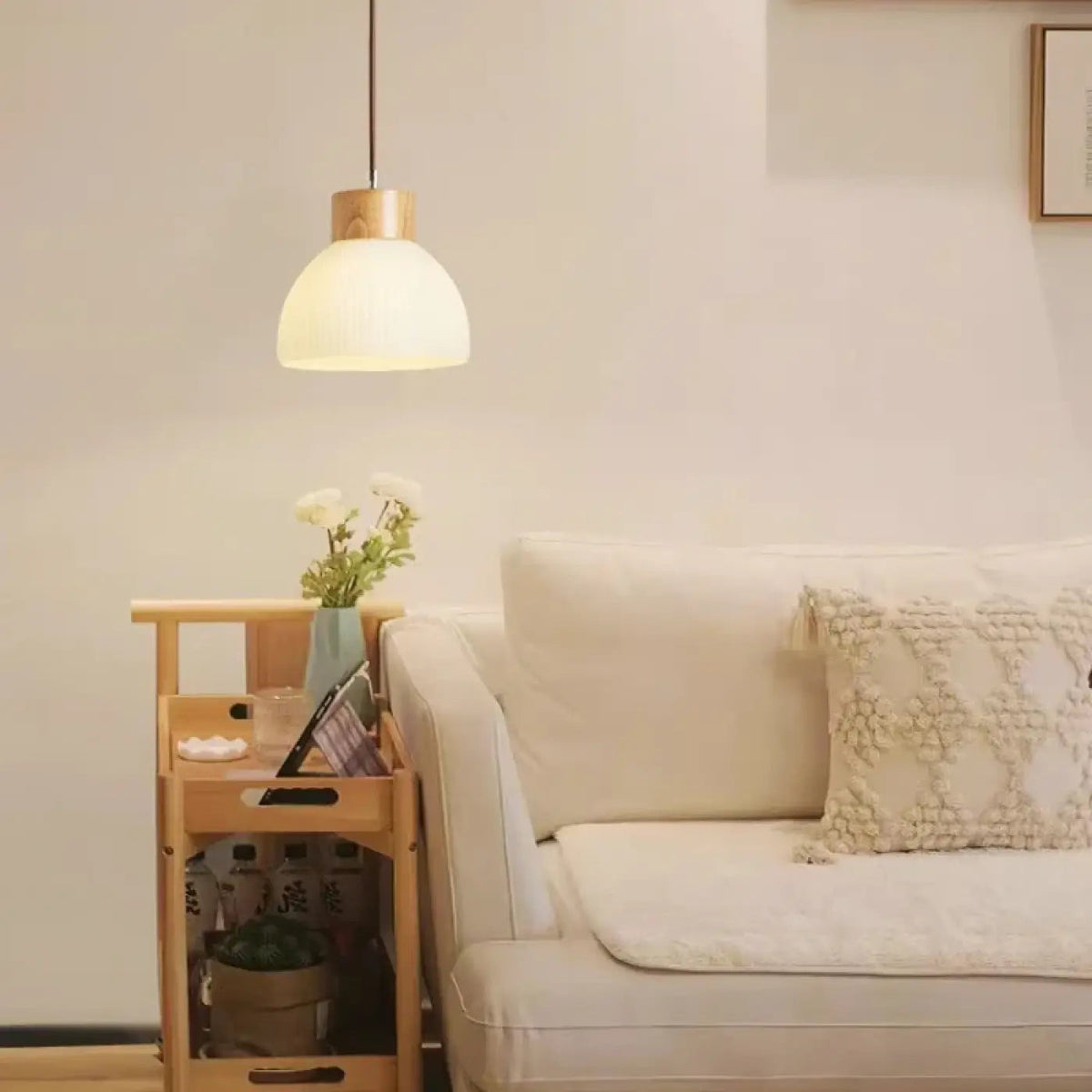 Suspension en verre à détails en bois naturel, tailles S ou M