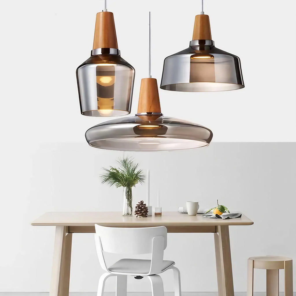 Suspension en verre finition effet bois, transparent ou ambre