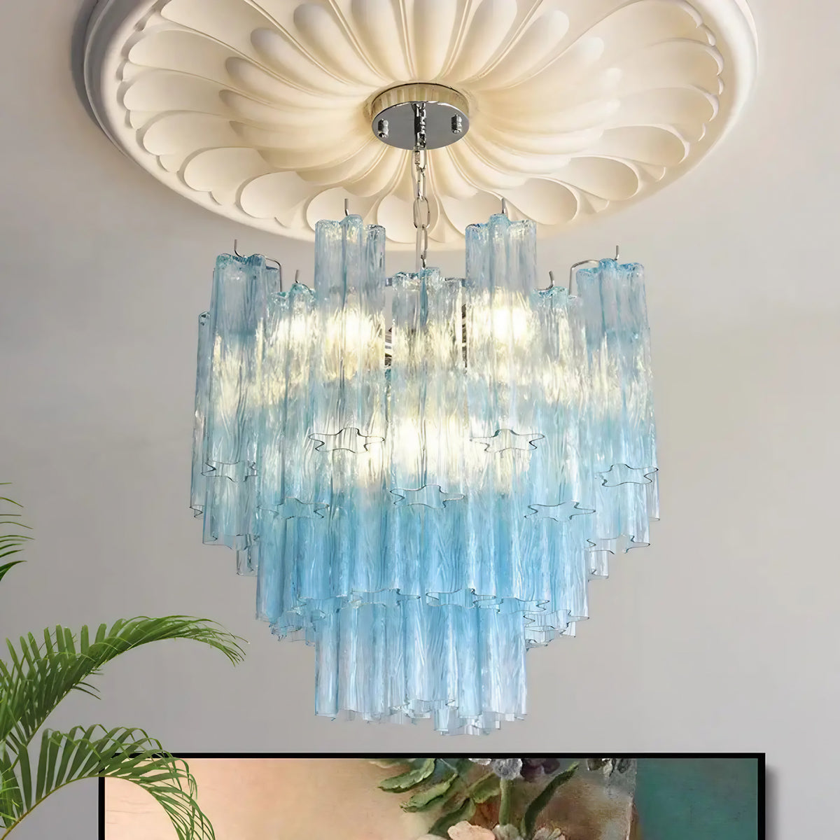 Suspension en verre au design épuré, rose, bleue ou blanche, bleu