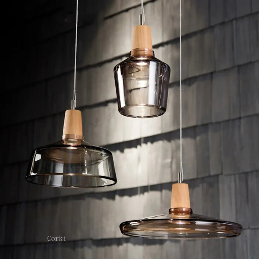 Suspension en verre et bois, transparent, gris fumé ou ambre