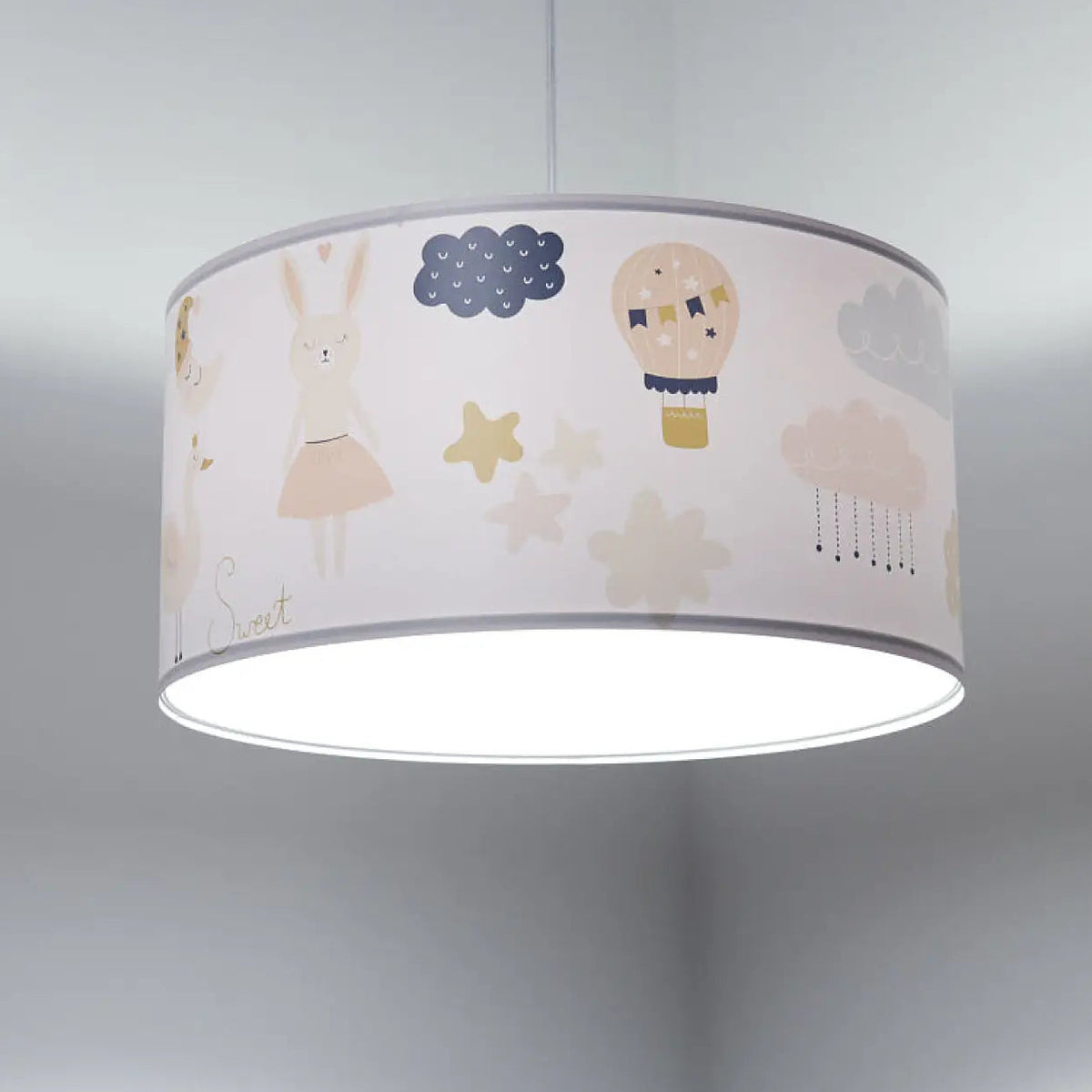 Suspension enfant au lapin et aux montgolfières, blanc et orange