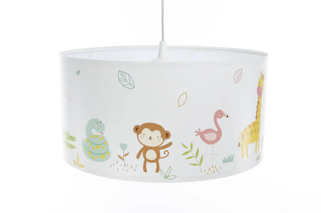 Suspension enfant blanche aux singes, décor savane vert clair
